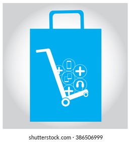 Isolated shopping bag with different app icons on a white background