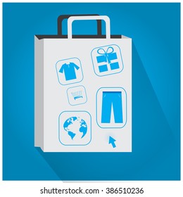 Isolated shopping bag with different icons on a blue background