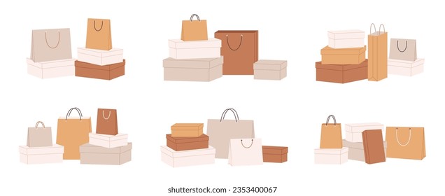 Isolated shopping bags and boxes. Craft packs compositions, gifts and shop presents. Modern store eco bag. Natural packaging racy vector elements