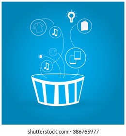 Isolated shopping basket with different app icons on a blue background