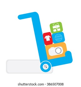 Isolated shopping cart with different app icons on a white background