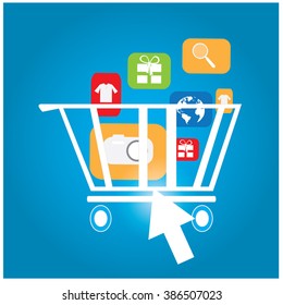 Isolated shopping cart with different app icons on a blue background