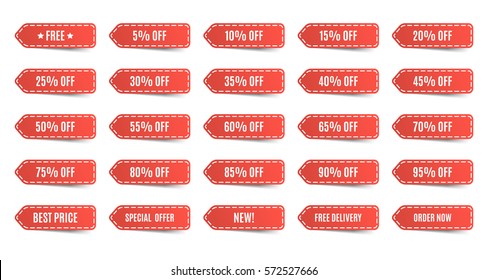 Isolated shopping tags set. Red discount labels. 5 10 15 20 25 30 35 40 45 50 55 60 65 70 75 80 85 90 95 percent. Vector illustration