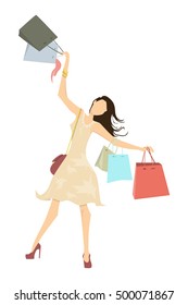 Isolated shopping woman on white background. Elegant, young and slim woman in beautiful outfit with colorful shopping bags.