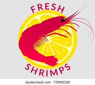 Isolated shrimp and lemon. seafood. A logo is an emblem. Vector illustration.