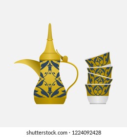 Isolated Side View Arabian Dallah Coffee Pot and Finjan Cups Stack Vector Illustration With Turkish Tulip Pattern for Middle Eastern Culture Tradition Cafe and Islamic Moments Design