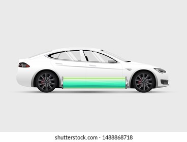 Isolated side view electric car with charged green battery at bottom. Vector illustration.