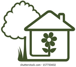 isolated sign with landscaping symbol - tree, house, flower and home garden 