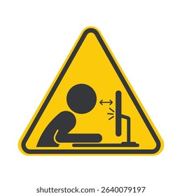 Isolated sign man user computer screen, eye health and ergonomic safety while working on a digital device.