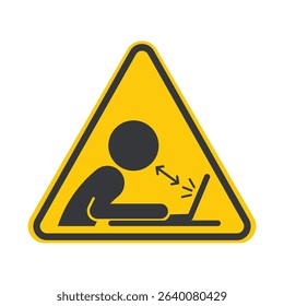 Isolated sign man user computer screen, eye health and ergonomic safety while working on a digital device.