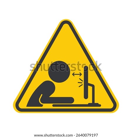 Isolated sign man user computer screen, eye health and ergonomic safety while working on a digital device.