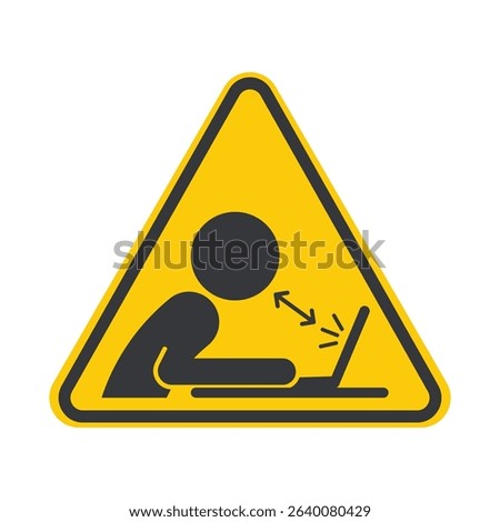 Isolated sign man user computer screen, eye health and ergonomic safety while working on a digital device.