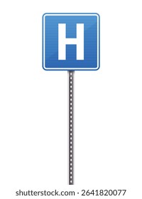 Isolated sign showing a white "H" on a blue square background, mounted on a metal pole, indicating nearby services in a clear and simple way. The white background adds clarity.