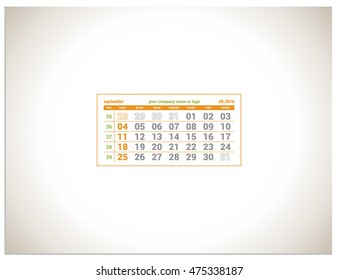 Isolated sign symbol of calendar on September 2016. Vector Illustration of a flat design.