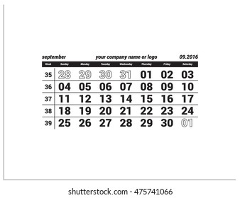 Isolated sign symbol of calendar on September 2016. Vector Illustration of a flat design.