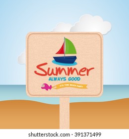 Isolated sign with text and a boat icon on a beach landscape