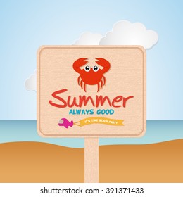 Isolated sign with text and a crab icon on a beach landscape