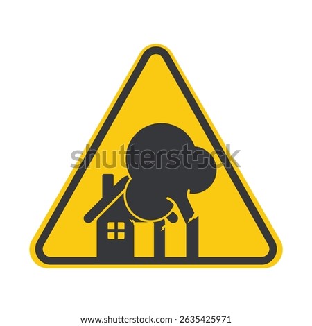 Isolated sign tree falling on house, representing storm aftermath, natural disaster damage, and safety awareness icon.
