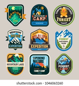 Isolated signs or badges, logo for mountain climbing or hiking and forest camp at national park, lake exploring. Travel and tourism club, holiday journey and outdoor sport, nature leisure, scout theme