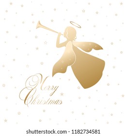 Isolated silhouette of angel with wings and nimbus on a white background with stars. Beautiful golden flying angel with trumpet and congratulation text Merry Christmas. Vector illustration.