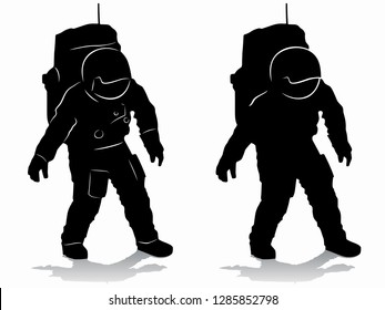 isolated silhouette of astronaut , black and white drawing, white background