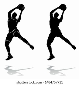 isolated silhouette of a basketball player, black and white vector drawing, white background