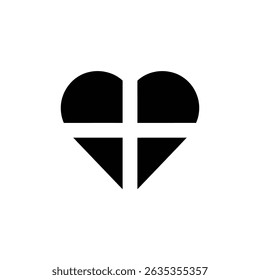 Silhueta isolada de forma de coração negro com uma cruz. Design minimalista com fundo transparente sugerindo conceitos como amor, caridade e fé.