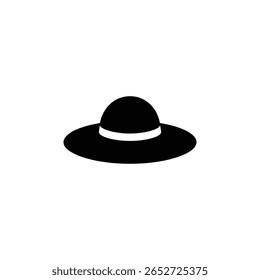 Isolated silhouette of a black summer hat with a white band. Elegant and minimalist design on a transparent backdrop.