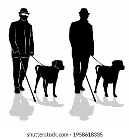 isolated silhouette of a blind man with assistance dog, black and white vector drawing, white background