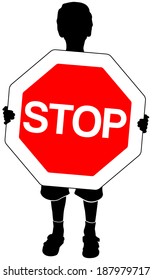 isolated silhouette of boy with stop sign in hands