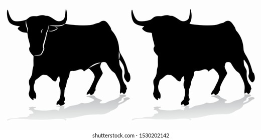 isolated silhouette of bull . black and white vector drawing, white background 
