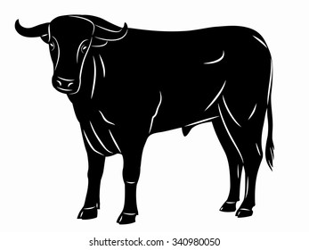 isolated silhouette of a bull, black and white sketch, white background