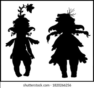 Isolated silhouette cartoon characters, fairytale creatures cute kind forest fairies with big ears and long pigtails, with wings, vegetations and flowers, with short and plump legs, in different poses
