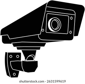 Isolierte Silhouette einer CCTV-Kamera, die schräg nach vorne zeigt. Schwarz-Weiß-CCTV-Kamera.