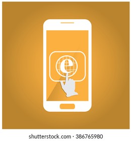 Isolated silhouette of a cellphone with a hand mouse and an icon on an orange background