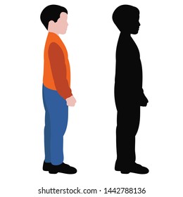  isolated, silhouette of a child and in a flat style the boy is standing sideways