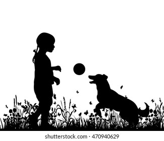  isolated, silhouette of a child playing with a dog and a ball