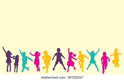 isolated, silhouette children jumping, multicolored silhouettes, childhood