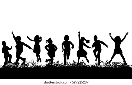  isolated, silhouette of children jumping on the grass, childhood