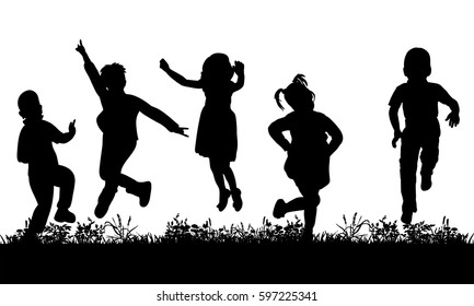  isolated, silhouette of children jumping on grass, joy