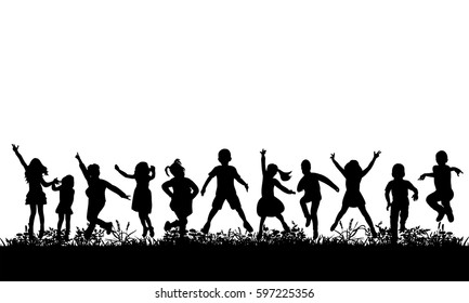  isolated, silhouette of children jumping on the grass