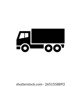 A silhueta isolada de um veículo comercial de entrega de carga é retratada, apresentando um símbolo de caminhão em um fundo branco. Isso ilustra os serviços de transporte e transporte.