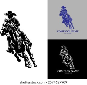 Isolated silhouette of a cowboy riding a horse, viewed from the front