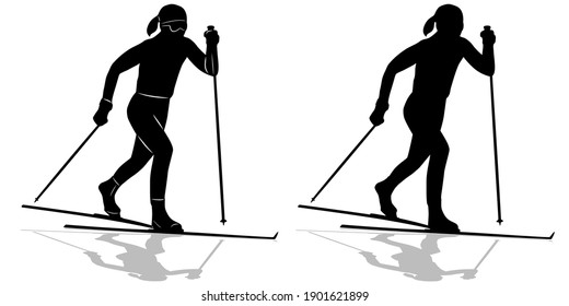 Isolated Silhouette Of A Cross - Country Skiing, Black And White Drawing, White Background
