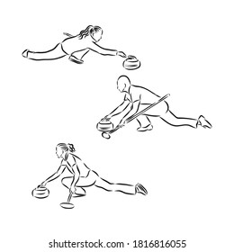 isolated silhouette of curling player , black and white drawing, Curling, vector sketch illustration
