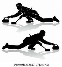 isolated silhouette of curling player , black and white drawing, white background