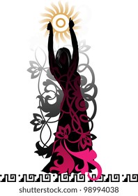 Isolated silhouette of a dancer against a background of decorative floral elements and patterns of Latin American