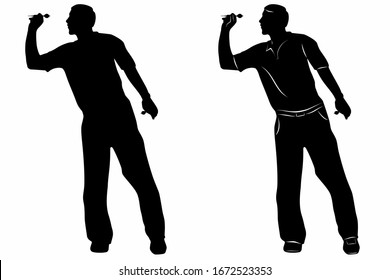 isolated silhouette of a darts player , black and white vector drawing set , white background