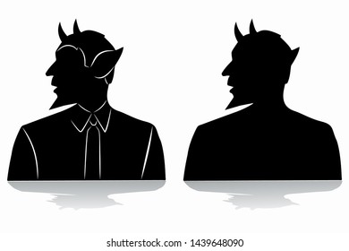 isolated silhouette of a devil in a suit , black and white drawing, white background