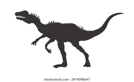 Isolated silhouette of a dinosaur. Black drawing of a dilophosaurus raptor. Wild animal sign of the Jurassic period. Printed image of an ancient reptile. Prehistoric monster icon. Vector illustration